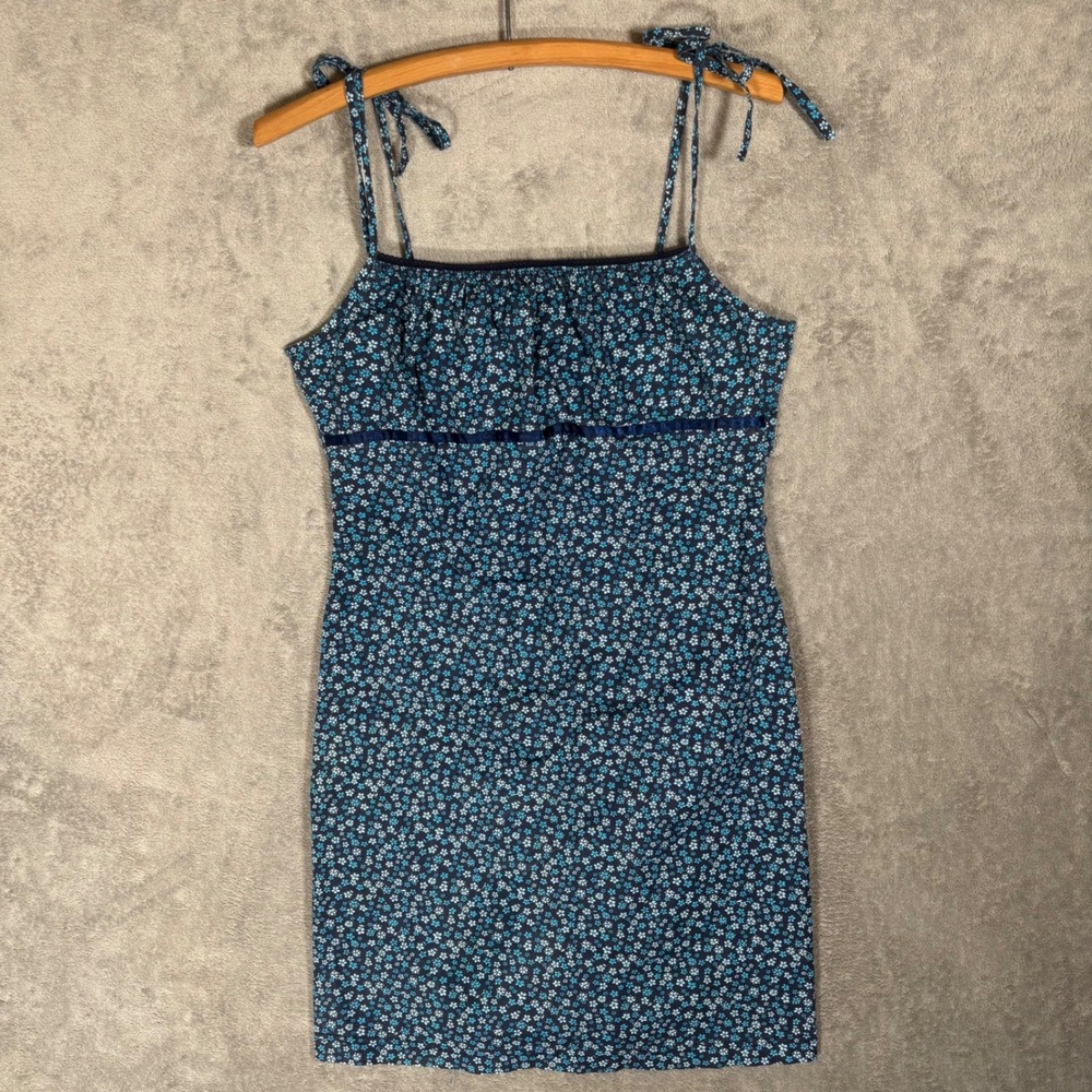 Hourglass Navy Blue Floral Babydoll Mini Dress Y2K Tie Strap Cotton Stretch M